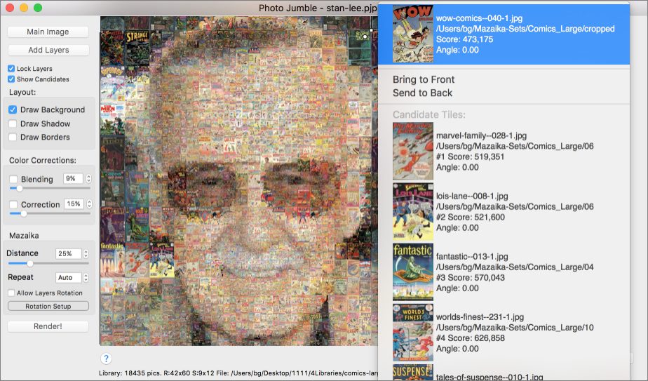 Photo Jumble for macOS with comic books mosaic and layer selection popup screenshot